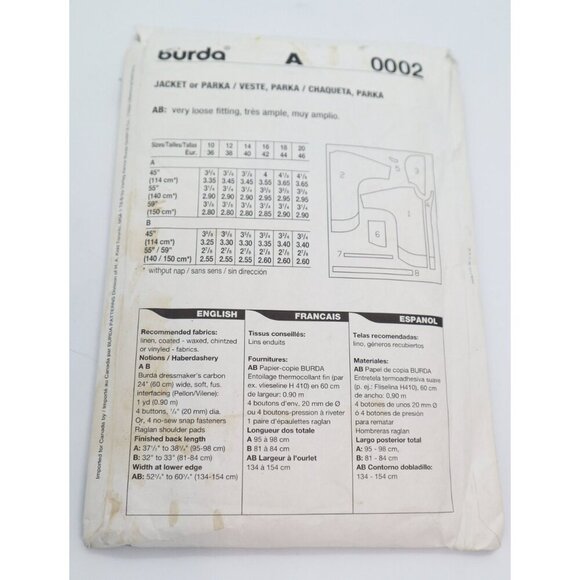 Pattern Burda 0002 Sewing Pattern for Misses Jacket Parka Size 10 12 14 16 18 2 - Picture 3 of 3